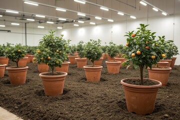 Orange citrus trees growing in terracotta pots indoors