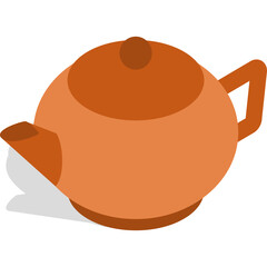 A simple orange teapot with a lid and handle casting a dark shadow on a transparent background representing a beverage container