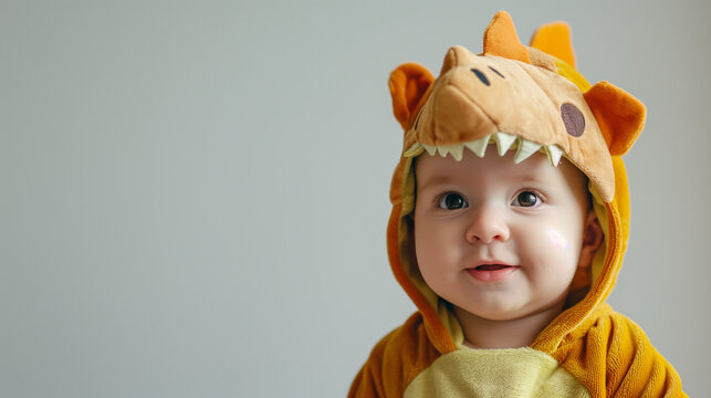 Beb&ecirc; ador&aacute;vel em fantasia de dinossauro com espa&ccedil;o para c&oacute;pia