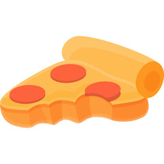 A single slice of pepperoni pizza with a bite taken out of it on a transparent background