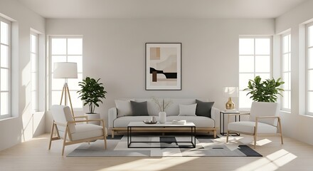 Stylish bright living room interior design featuring a modern couch, chairs, and plants