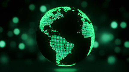 Digital earth globe with glowing green circuit board pattern, representing global technology, connectivity, and environmental awareness against a blurred bokeh background