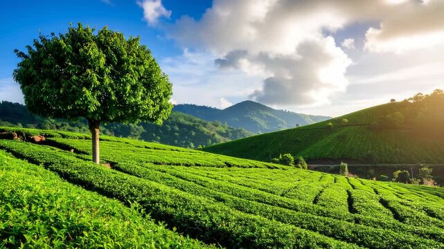 Lush Green Tea Plantation on Rolling Hills with Single Tree and Sunlight, Blue Sky and Clouds above, Agricultural Landscape