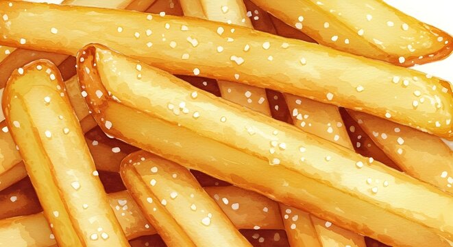 Golden crispy french fries with a smooth surface and light salt coating, arranged neatly with soft lighting that highlights texture and appetizing warmth.