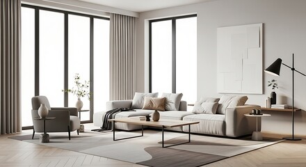 Bright and spacious contemporary living room interior with a cozy sofa and panoramic windows