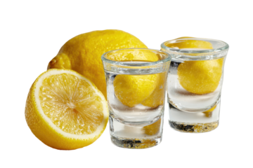 Two shot glasses filled with clear liquid, alongside fresh lemons