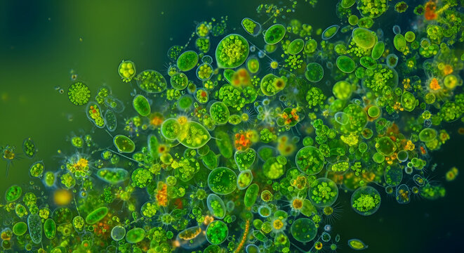 A vibrant microscopic world teeming with diverse green phytoplankton and algae, showcasing the rich biodiversity of aquatic life in a single drop of water