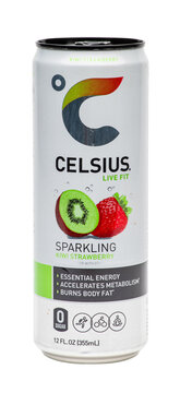 Tin can of Celsius brand SPARKLING KIWI STRAWBERRY  zero-sugar fitness energy drink isolated on a transparent background.  