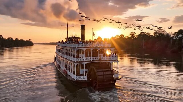 Sunset Voyage on a Golden River A Vintage Steamship's Tranquil Cruise
