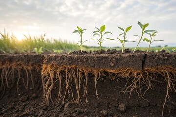 Cross section showing soil roots and young plants in natural light