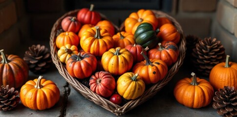 Cozy Hearthside Arrangement with Natural Fall Accents A close up shot of a rustic stone hearth with a gentle fire burning. Arranged on the hearth are small decorative pumpkins, dried autumn leaves,