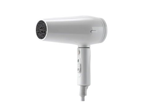 White hair dryer angled, showing controls