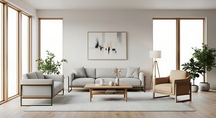 Bright contemporary living room interior with minimalist Scandinavian design and furniture
