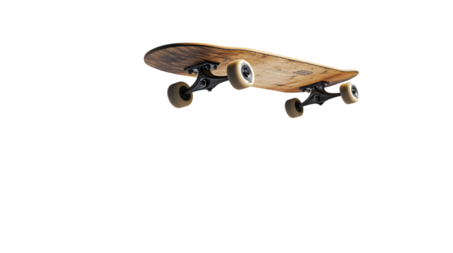 Skateboard with a wooden deck and black trucks and wheels isolated on transparent background, ready for a ride
