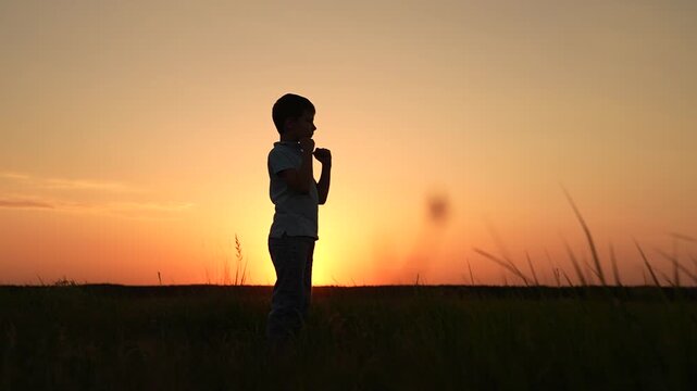 Child boy karateka training in park, silhouette. Child boxer doing sports in park at sunset. Healthy lifestyle of boy. Boy boxer training punching kicking on meadow. Child kickboxer training outdoor.