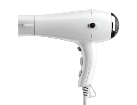White hair dryer, angled view