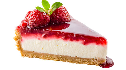 Delicious slice of strawberry cheesecake isolated on transparent background, garnished with fresh strawberries and mint