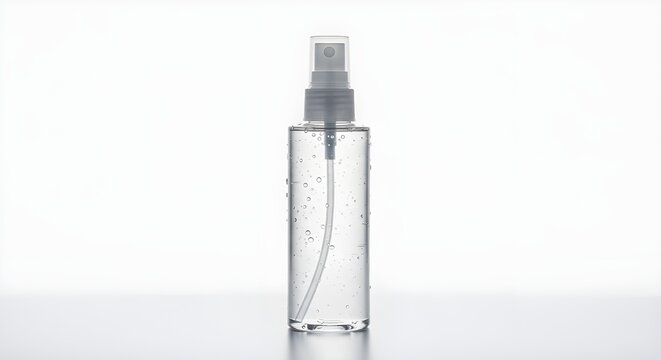 Clear cosmetic spray bottle in minimal white setting.