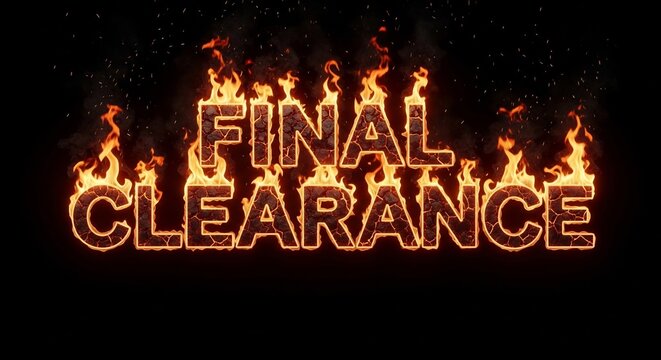 Burning "Final Clearance" text effect for sales, promotions, retail events. Fiery typography highlights last chance discounts, limited time offers, seasonal sales.