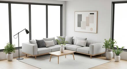 Fototapeta premium Bright and Modern Minimalist Living Room Interior Design with L-Shaped Sofa, Wooden Coffee Table, and Potted Plants, Showcasing a Serene and Stylish Home Environment with Abundant Natural Light