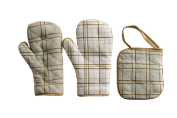 Three oven mitts, cream and beige checked pattern