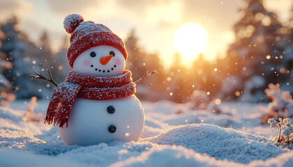 A cheerful snowman stands in a snowy landscape, bathed in warm sunlight, enjoying a winter day.