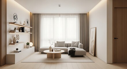 Modern minimalist living room with beige sectional sofa and wooden accents