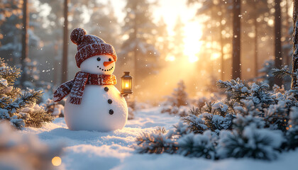 A cheerful snowman stands in a snowy forest, holding a glowing lantern as the sun shines through the trees.