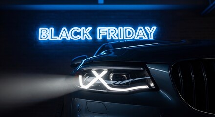 Automotive Black Friday deal advertisement. Car headlights shine under neon sign. Perfect for holiday season sales, dealership marketing, automotive promotion campaigns.
