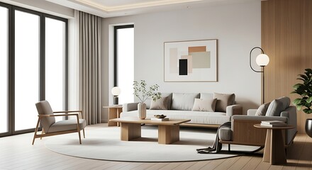 Fototapeta premium Modern Living Room Interior Design with Natural Light and Minimalist Furniture