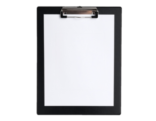 Black Clipboard with Blank Paper and Pen Isolated on White Background