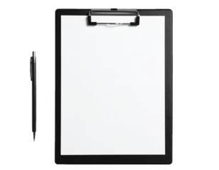 Black Clipboard with Blank Paper and Pen Isolated on White Background