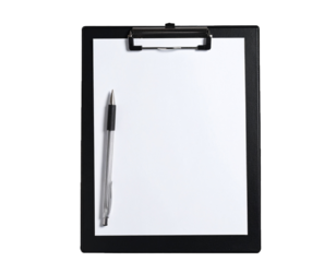 Black Clipboard with Blank Paper and Pen Isolated on White Background