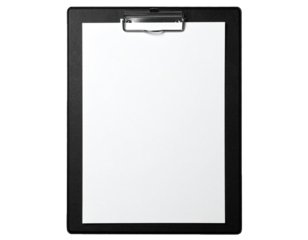 Black Clipboard with Blank Paper and Pen Isolated on White Background