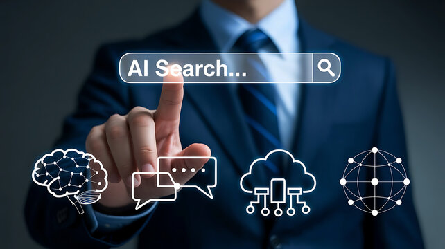 AI search concept with businessman touching virtual interface representing artificial intelligence technology and data cloud global network connection