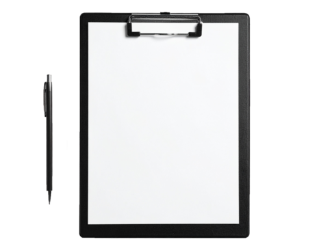 Black Clipboard with Blank Paper and Pen Isolated on White Background