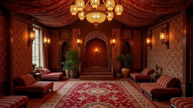 Luxurious opulent oriental room with intricate patterns, plush seating, and warm ambient lighting creating an inviting, elegant atmosphere for relaxation or exclusive events.