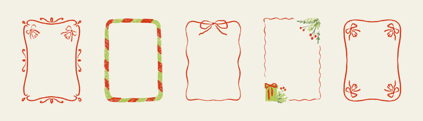 Merry Christmas and Happy New Year doodle whimsical frames set. Crayon, chalk, pencil, pastel freehand childish scribbles. Coquettish girly bow ribbon frame. Hand drawn cute kid drawings. Xmas border