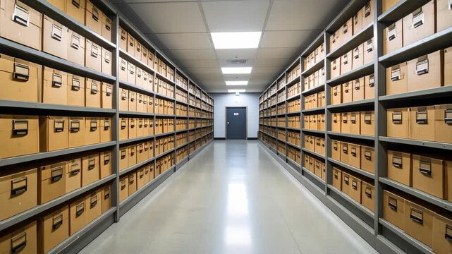 Rows of cardboard boxes on metal shelving in a long corridor storage room in an archive