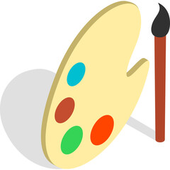 Artist Palette With Paints And Brush In Isometric 3d Style And Light Yellow Color With Multiple Color Dots And Dark Shadow On Transparent Background