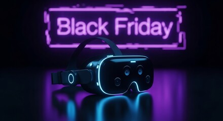 Futuristic Black Friday VR headset deal. Perfect for e-commerce, advertising tech sales, gaming promotions, or virtual reality marketing during the holiday shopping season.