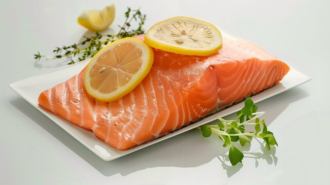 A beautifully plated salmon steak with a golden crust and lemon butter. Elegant minimal presentation highlights gourmet culinary refinement