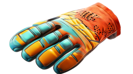 Close up of a colorful goalkeeper glove with orange, yellow, and blue design isolated on transparent background