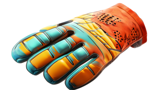 Close up of a colorful goalkeeper glove with orange, yellow, and blue design isolated on transparent background