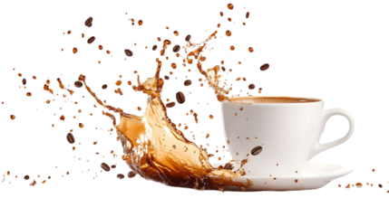 Coffee splash with bean in a white cup isolated on transparent background, showcasing the dynamic movement