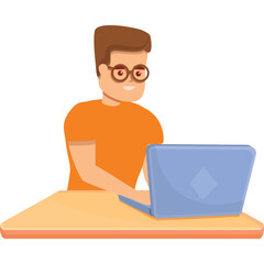 Animated man wearing an orange t shirt and glasses working on a laptop at a desk with a blue computer and a tan desk surface in a studio setting