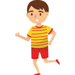 Animated Young Boy with Brown Hair Wearing a Yellow and Red Striped T-Shirt and Red Shorts Jogging Happily with a Transparent Background