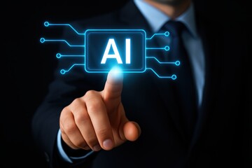 The Touch of AI: A businessman, in a sleek suit, initiates contact with the future, his finger poised to activate an illuminated AI interface.