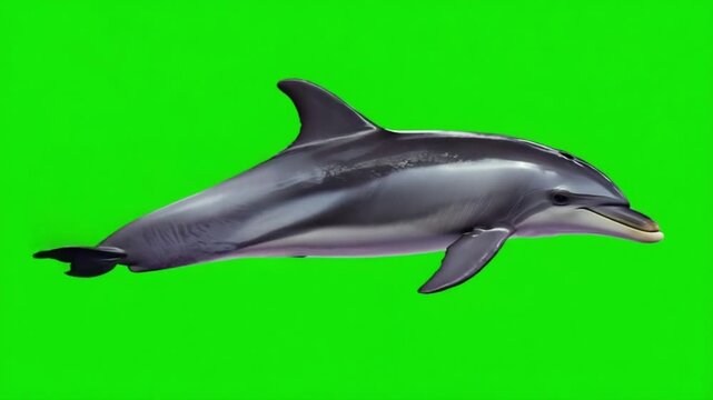 Dolphin swimming across a bright green screen with visible dorsal fin and pectoral fins in view green screen animal video