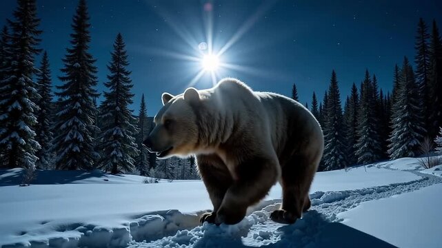 Majestic bear roams through a snowy forest under a bright moonlit night, showcasing nature's wild beauty and power.
